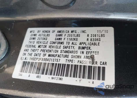 2011 Honda Accord 3.5 Ex-L z USA, uszkodzony, nr VIN 1HGCP3F89BA010757